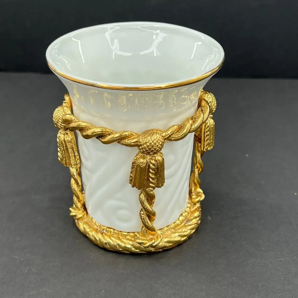 Stylebuilt Gold Plated Ormolu Porcelain Tassel Soap Dish and Toothbrush Holder